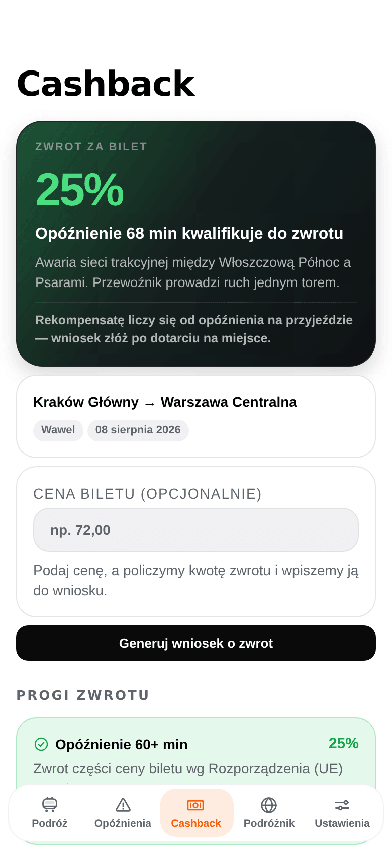 Ekran Cashback: opóźnienie 68 minut kwalifikuje do zwrotu 25% ceny biletu, z progami zwrotu 60, 120 minut i odwołanego kursu.