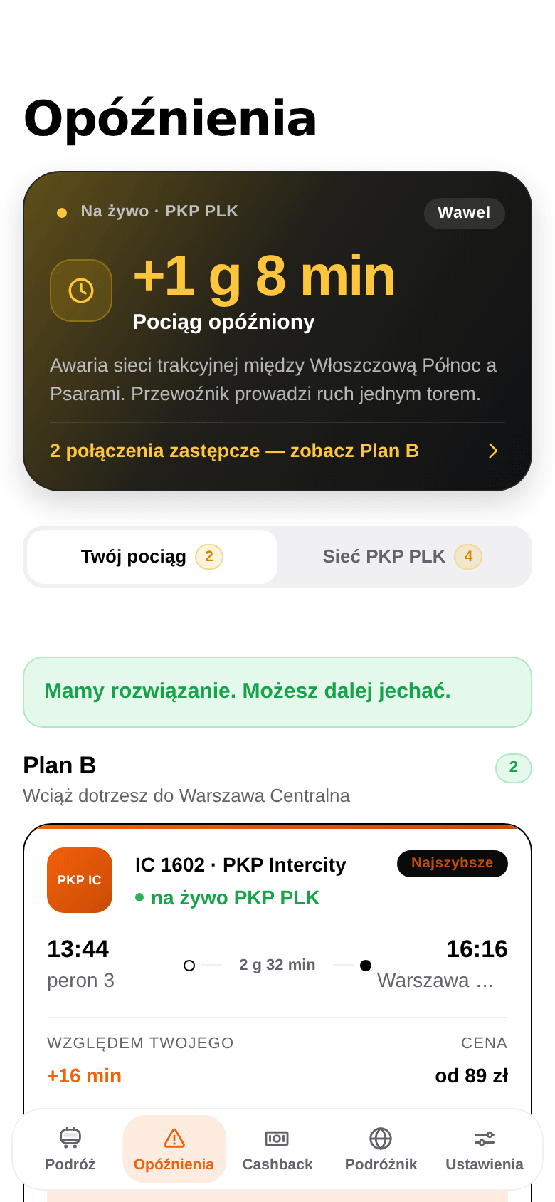 Ekran Opóźnienia: pociąg IC 3502 „Wawel” spóźniony o 1 godzinę 8 minut z powodu awarii sieci trakcyjnej, poniżej Plan B z połączeniem IC 1602 o 13:44.